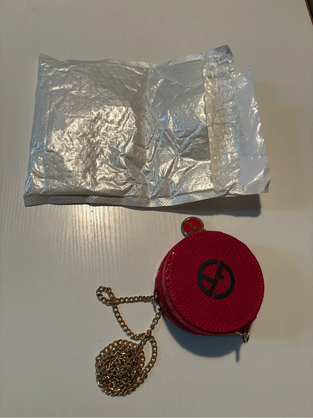 Giorgio Armani Red Round Cosmetic Case with Crossbody Chain NWOT